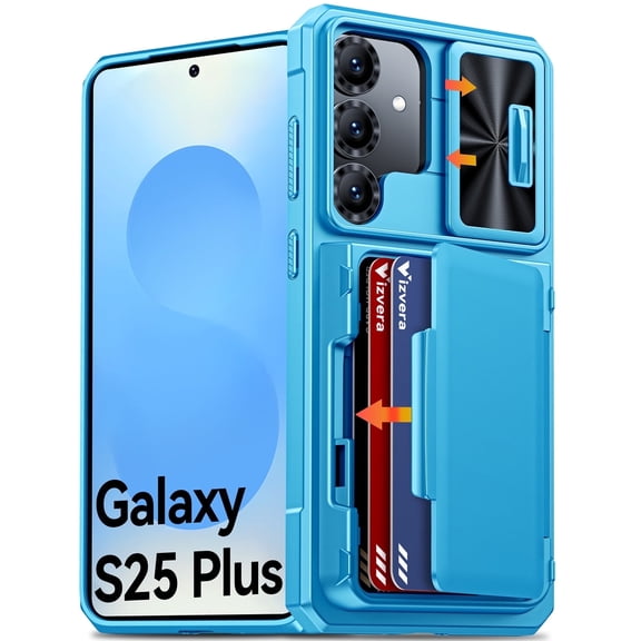 Vizvera for Samsung Galaxy S25 Plus Wallet RFlD Cards Holder,Camera Control,Camera Cover,Rugged Shockproof Silicone Protective Phone Case-Light Blue