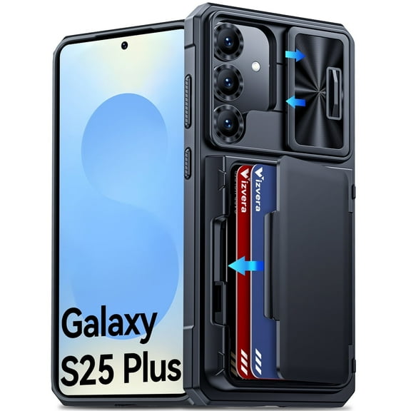 Vizvera for Samsung Galaxy S25 Plus Wallet RFlD Cards Holder,Camera Control,Camera Cover,Rugged Shockproof Silicone Protective Phone Case-Black