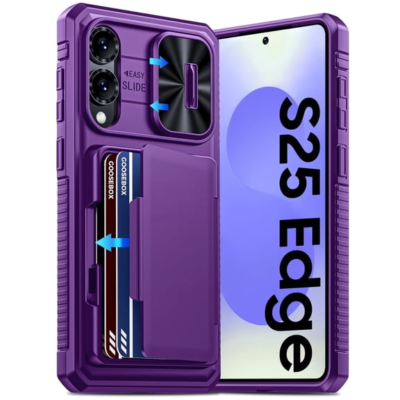 Vizvera for Samsung Galaxy S25 Edge Wallet RFlD Cards Holder,Camera Control,Camera Cover,Rugged Shockproof Silicone Protective Phone Case-Purple