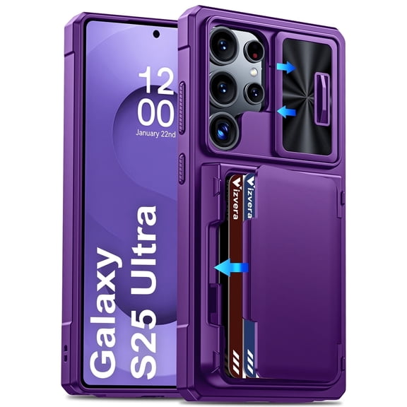 Vizvera for Samsung Galaxy S25 Ultra Wallet RFlD Cards Holder,Camera Control,Camera Cover,Rugged Shockproof Silicone Protective Phone Case-Purple