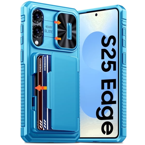 Vizvera for Samsung Galaxy S25 Edge Wallet RFlD Cards Holder,Camera Control,Camera Cover,Rugged Shockproof Silicone Protective Phone Case-Light Blue