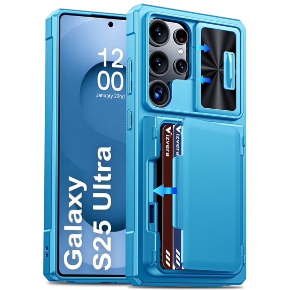 Vizvera for Samsung Galaxy S25 Ultra Wallet RFlD Cards Holder,Camera Control,Camera Cover,Rugged Shockproof Silicone Protective Phone Case-Light Blue