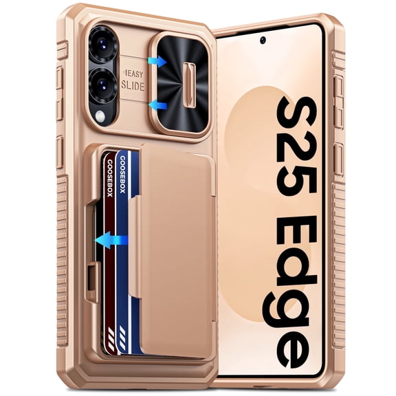 Vizvera for Samsung Galaxy S25 Edge Wallet RFlD Cards Holder,Camera Control,Camera Cover,Rugged Shockproof Silicone Protective Phone Case-Champagne