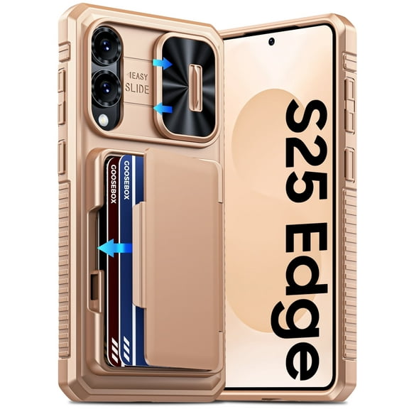 Vizvera for Samsung Galaxy S25 Edge Wallet RFlD Cards Holder,Camera Control,Camera Cover,Rugged Shockproof Silicone Protective Phone Case-Champagne