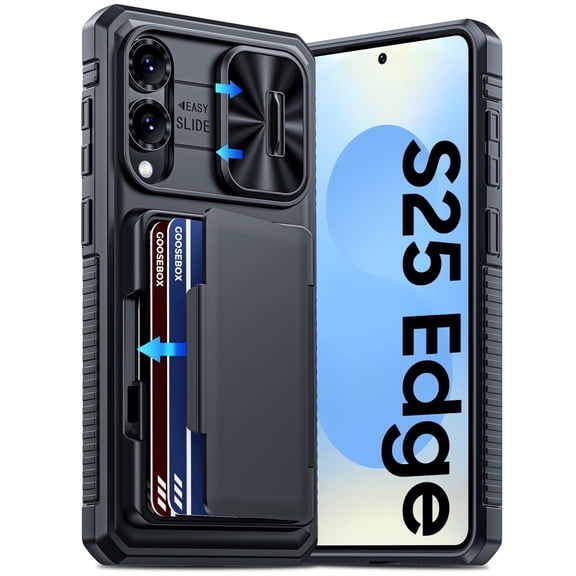 Vizvera for Samsung Galaxy S25 Edge Wallet RFlD Cards Holder,Camera Control,Camera Cover,Rugged Shockproof Silicone Protective Phone Case-Black