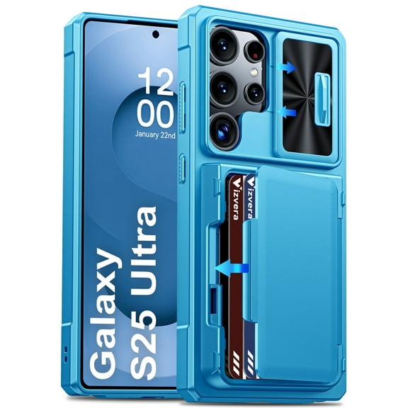 Vizvera for Samsung Galaxy S25 Ultra Wallet RFlD Cards Holder,Camera Control,Camera Cover,Rugged Shockproof Silicone Protective Phone Case-Light Blue