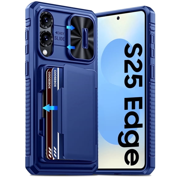 Vizvera for Samsung Galaxy S25 Edge Wallet RFlD Cards Holder,Camera Control,Camera Cover,Rugged Shockproof Silicone Protective Phone Case-Blue