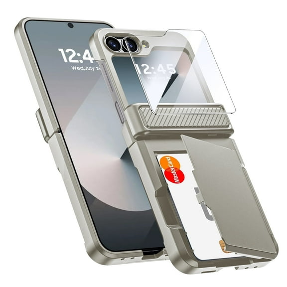 Vizvera for Samsung Galaxy Z Flip 6 Phone Case with Card Holder RFID Blocking,Built in Hinge Protection, Screen Protector-Titanium
