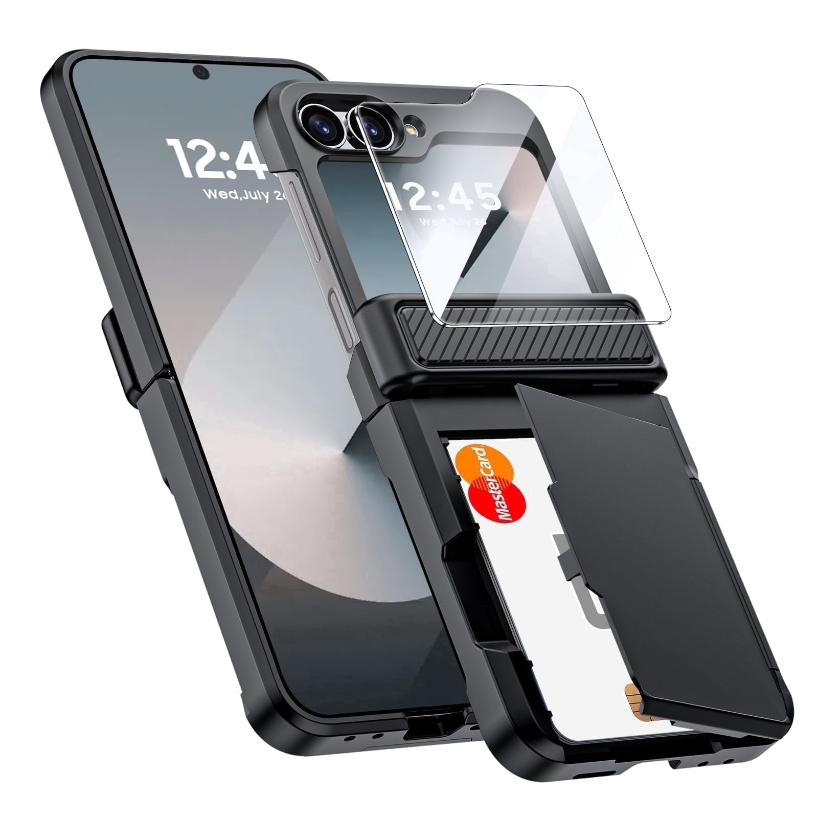 Vizvera for Samsung Galaxy Z Flip 6 Phone Case with Card Holder RFID Blocking,Built in Hinge Protection, Screen Protector-Black