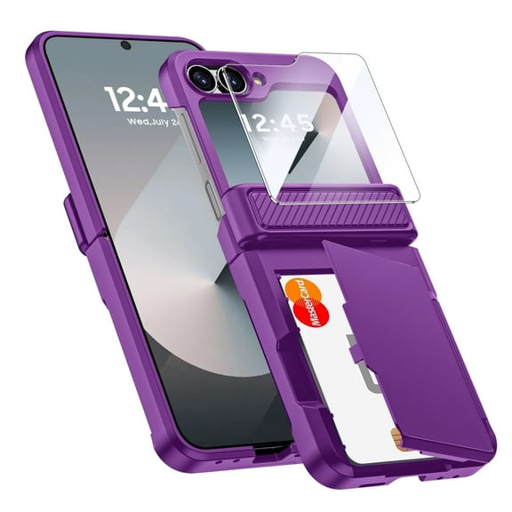 Vizvera for Samsung Galaxy Z Flip 6 Phone Case with Card Holder RFID Blocking,Built in Hinge Protection, Screen Protector-Purple