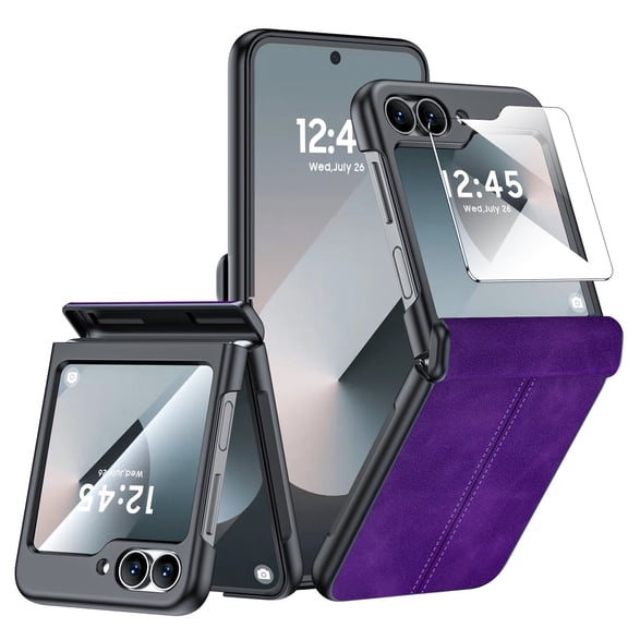 Vizvera for Samsung Galaxy Z Flip 6 Case with Screen Protector,Hinge Protection,Wireless Charging,Ultra Thin Leather Matte PC Durable Shockproof Cover Phone Case-Purple