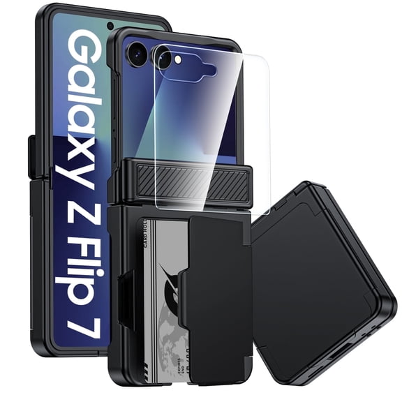 Vizvera for Samsung Galaxy Z Flip 7 Phone Case with Card Holder RFID Blocking,Built in Hinge Protection, Screen Protector-Black