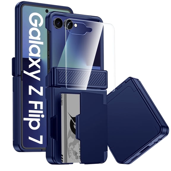 Vizvera for Samsung Galaxy Z Flip 7 Phone Case with Card Holder RFID Blocking,Built in Hinge Protection, Screen Protector-Blue
