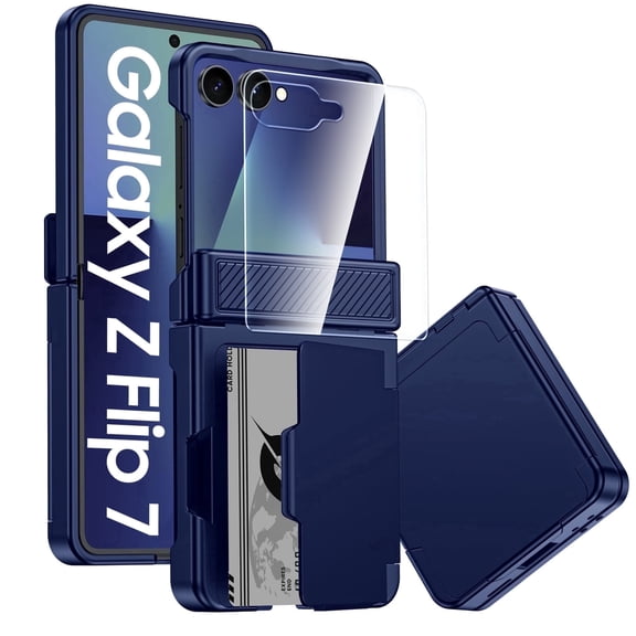 Vizvera for Samsung Galaxy Z Flip 7 Phone Case with Card Holder RFID Blocking,Built in Hinge Protection, Screen Protector-Blue