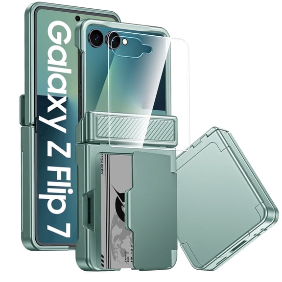 Vizvera for Samsung Galaxy Z Flip 7 Phone Case with Card Holder RFID Blocking,Built in Hinge Protection, Screen Protector-Light Green
