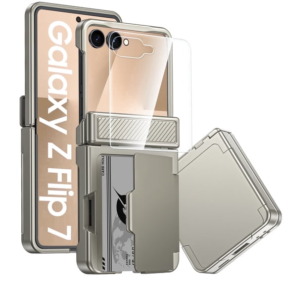 Vizvera for Samsung Galaxy Z Flip 7 Phone Case with Card Holder RFID Blocking,Built in Hinge Protection, Screen Protector-Titanium
