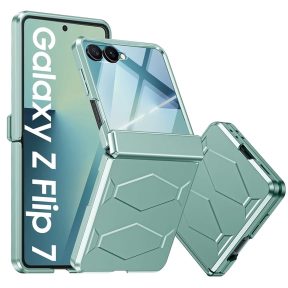 Vizvera for Samsung Galaxy Z Flip 7 Case with Hinge Cover,Built-in Screen Protector Shockproof All-Inclusive Smartphone Cover Wireless Charging-Light Green