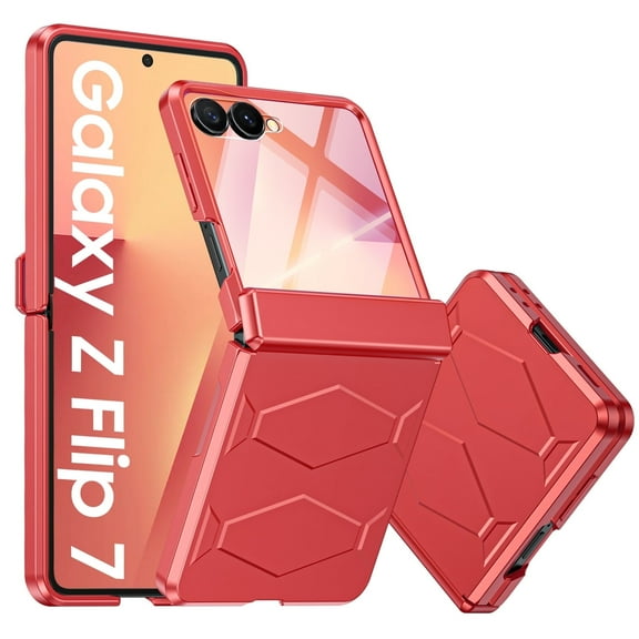 Vizvera for Samsung Galaxy Z Flip 7 Case with Hinge Cover,Built-in Screen Protector Shockproof All-Inclusive Smartphone Cover Wireless Charging-Rose Red