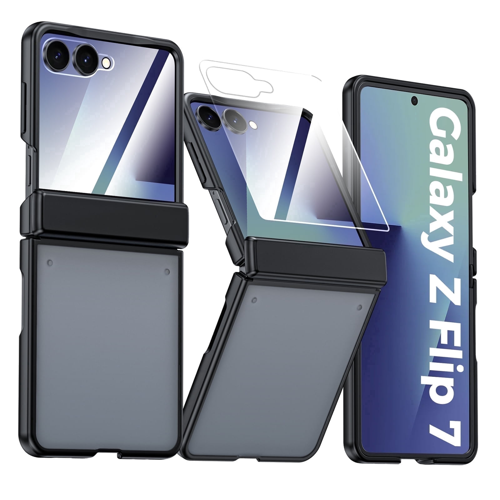 Vizvera for Samsung Galaxy Z Flip 7 Case with Hinge Protection,Screen Protector,Ultra-Thin Skin Feel Translucent Frosted, Wireless Charging,Shockproof Cover-Black