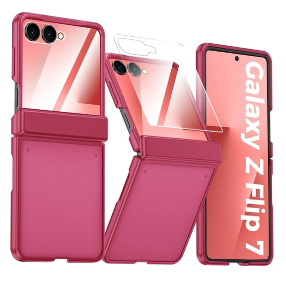 Vizvera for Samsung Galaxy Z Flip 7 Case with Hinge Protection,Screen Protector,Ultra-Thin Skin Feel Translucent Frosted, Wireless Charging,Shockproof Cover-Rose Red