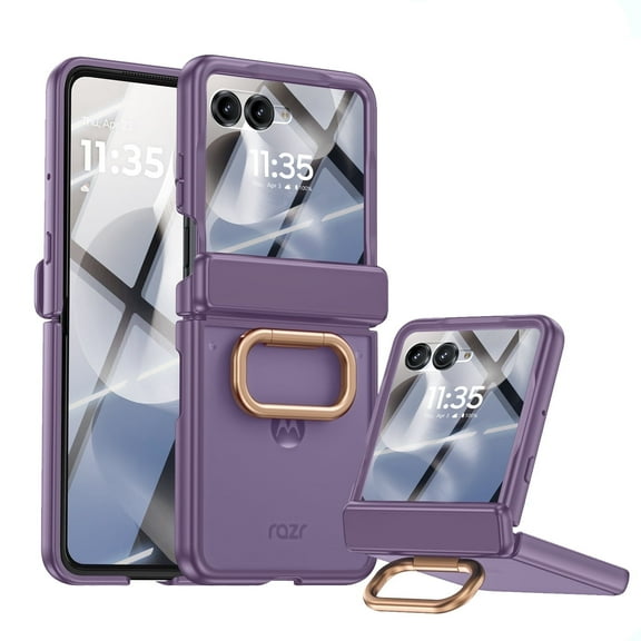 Vizvera for Samsung Galaxy Z Flip 7 Case with Ring Holder & Screen Protector & Hinge Protection,Wireless Charging,Skin Feel Matte PC,Shockproof Phone Case-Purple