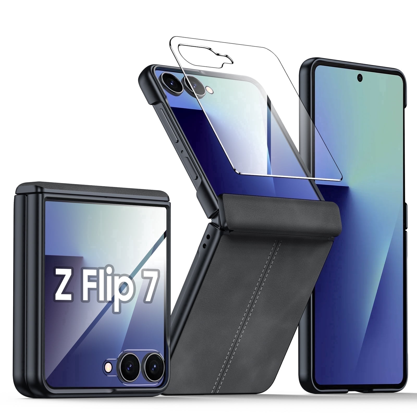 Vizvera for Samsung Galaxy Z Flip 7 Phone Case,with Screen Protector,Hinge Protection,Wireless Charging,Ultra Thin Leather PC Shockproof Case-Black