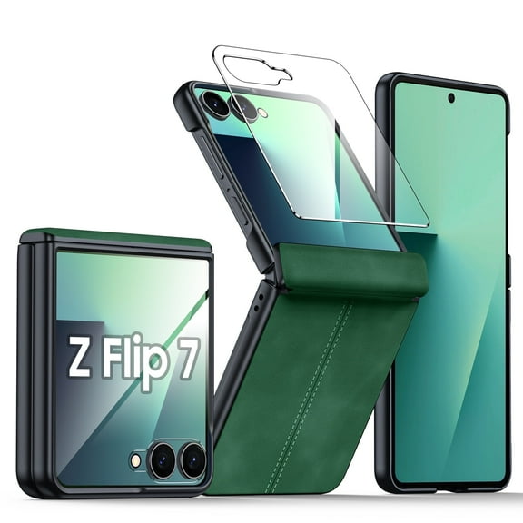 Vizvera for Samsung Galaxy Z Flip 7 Case with Screen Protector,Hinge Protection,Wireless Charging,Ultra Thin Leather Matte PC Durable Shockproof Cover Phone Case-Green