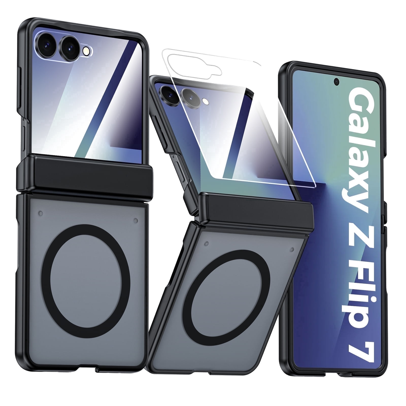 Vizvera for Samsung Galaxy Z Flip 7 Case,with Magnetic Power [Slim Design][Screen Protector][Hinge Protection] Translucent Matte Shockproof Protective Phone Case-Black