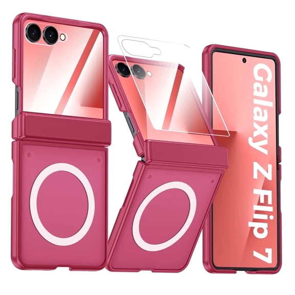 Vizvera for Samsung Galaxy Z Flip 7 Case,with Magnetic Power [Slim Design][Screen Protector][Hinge Protection] Translucent Matte Shockproof Protective Phone Case-Rose Red