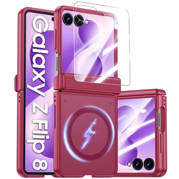 Vizvera for Samsung Galaxy Z Flip 8 Case,with Magnetic Power [Slim Design][Screen Protector][Hinge Protection] Translucent Matte Shockproof Protective Phone Case-Rose Red