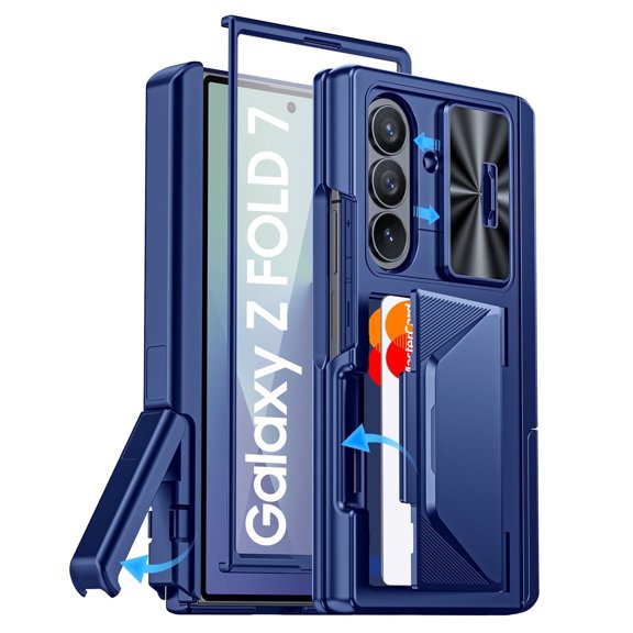 Vizvera for Galaxy Z Fold 7 With Card Holder RFID Blocking,Built in Slide Lens Cover,Hinge Kickstand Protection,Screen Protector Phone Case-Blue