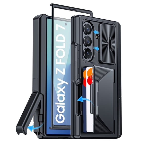 Vizvera for Galaxy Z Fold 7 With Card Holder RFID Blocking,Built in Slide Lens Cover,Hinge Kickstand Protection,Screen Protector Phone Case-Black