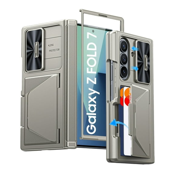 Vizvera for Samsung Galaxy Z Fold 7 Case with Card Holder RFID Blocking, Built in Slide Lens Cover & Hinge Protection & Screen Protector, Shockproof Wallet Case for Z Fold 7-Titanium