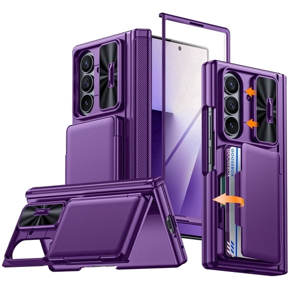 Vizvera for Samsung Galaxy Z Fold 7 Case with Card Holder [RFID Blocking] Camera Cover,Hidden Kickstand,Screen Protector Phone Case-Purple