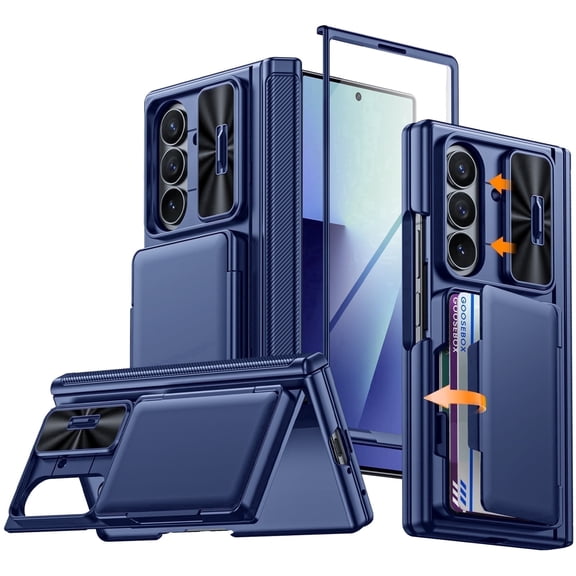 Vizvera for Samsung Galaxy Z Fold 7 Case with Card Holder [RFID Blocking] Camera Cover,Hidden Kickstand,Screen Protector Phone Case-Blue