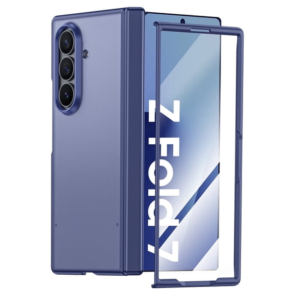 Vizvera for Samsung Galaxy Z Fold 7 Case with Hinge Protection,Screen Protector,Ultra-Thin Skin Feel Translucent Frosted,Wireless Charging,Shockproof Cover-Blue