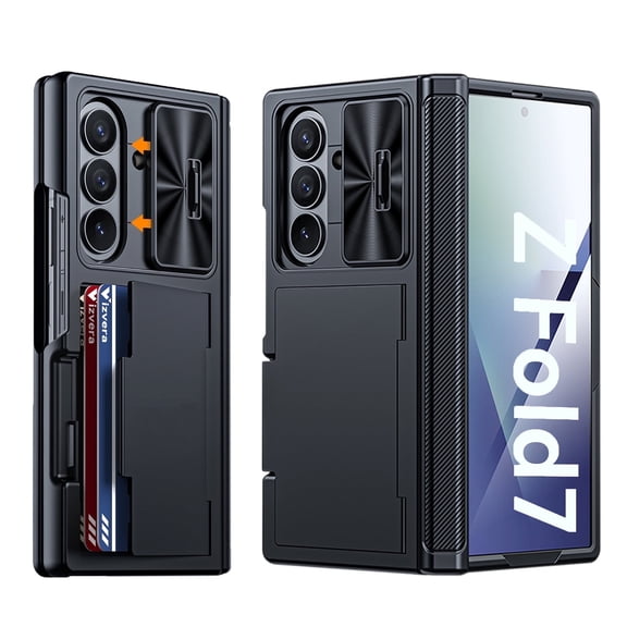 Vizvera for Samsung Galaxy Z Fold 7 Case RFID Wallet with Cards Holder [Hinge Cover] [Camera Cover] Shockproof Silicone Protective Phone Case for Z Fold 7 2025-Black