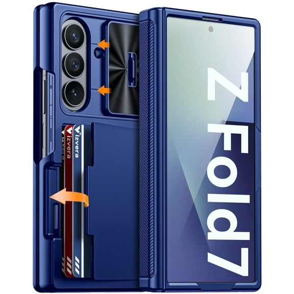 Vizvera for Samsung Galaxy Z Fold 7 Case RFID Wallet with Cards Holder [Hinge Cover] [Camera Cover] Shockproof Silicone Protective Phone Case for Z Fold 7 2025-Blue