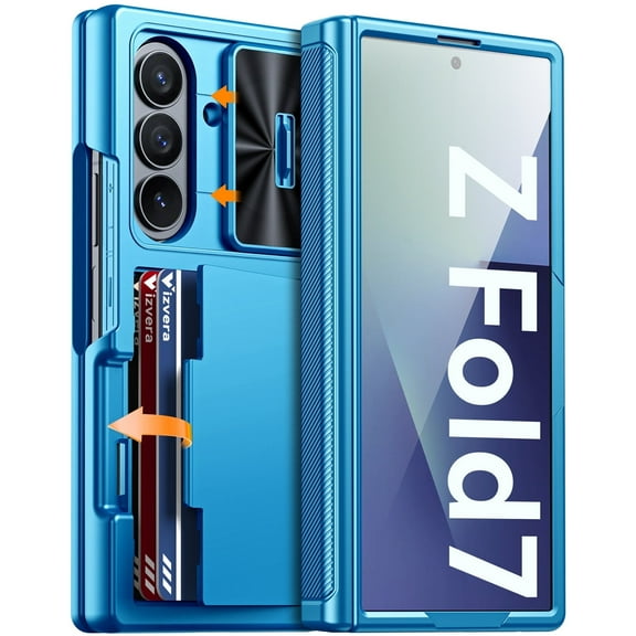 Vizvera for Samsung Galaxy Z Fold 7 Case RFID Wallet with Cards Holder [Hinge Cover] [Camera Cover] Shockproof Silicone Protective Phone Case for Z Fold 7 2025-Light Blue
