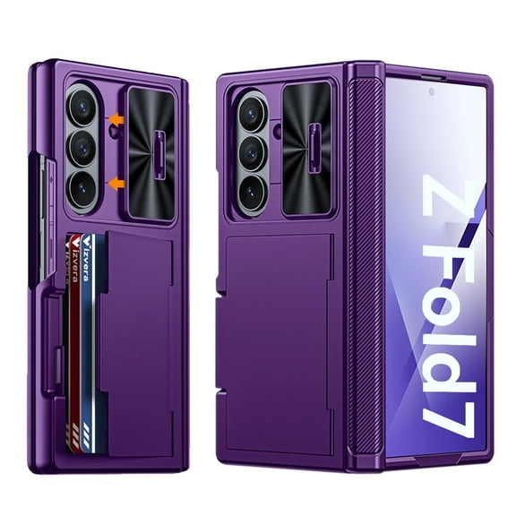 Vizvera for Samsung Galaxy Z Fold 7 Case RFID Wallet with Cards Holder [Hinge Cover] [Camera Cover] Shockproof Silicone Protective Phone Case for Z Fold 7 2025-Purple