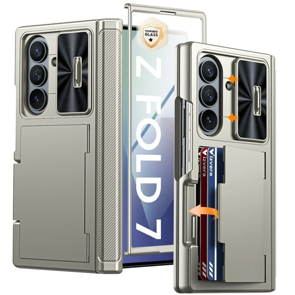 Vizvera for Samsung Galaxy Z Fold 7 Case RFID Wallet with Cards Holder [Hinge Cover] [Camera Cover] Shockproof Silicone Protective Phone Case for Z Fold 7 2025-Titanium