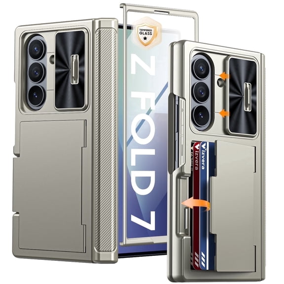 Vizvera for Samsung Galaxy Z Fold 7 Case RFID Wallet with Cards Holder [Hinge Cover] [Camera Cover] Shockproof Silicone Protective Phone Case for Z Fold 7 2025-Titanium