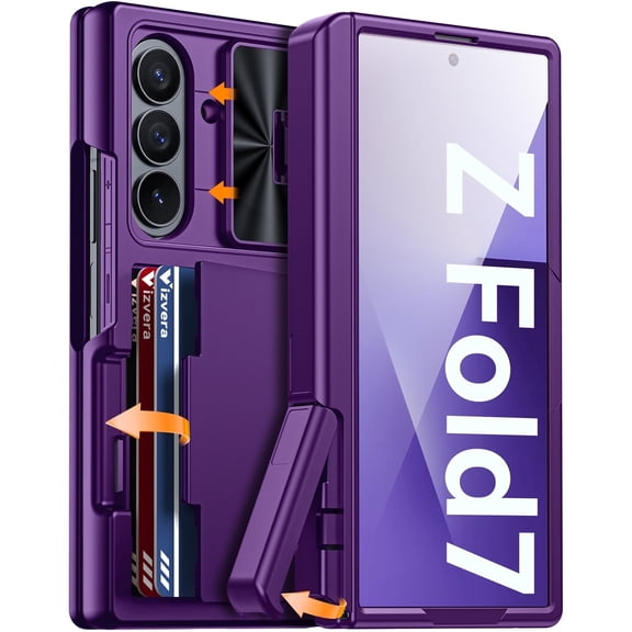 Vizver Samsung Galaxy Z Fold 7 Case, RFID Wallet with Cards Holder, Kickstand, Camera Cover, Shockproof Silicone, Purple, 17899059721