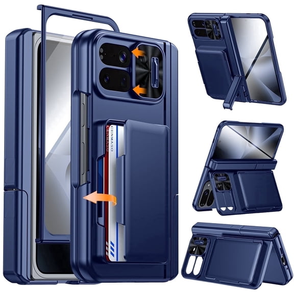 Vizvera for Google Pixel 10 Pro Fold Case with Card Holder [RFID Blocking] Camera Cover,Hidden Kickstand,Screen Protector Shockproof Phone Case-Blue