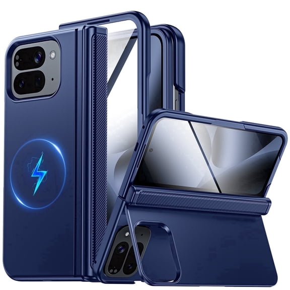 Vizvera for Google Pixel 10 Pro Fold Case with Kickstand,Screen Protector,Wireless Charging,Slim Shockproof,Hinge Protection Phone Case-Blue