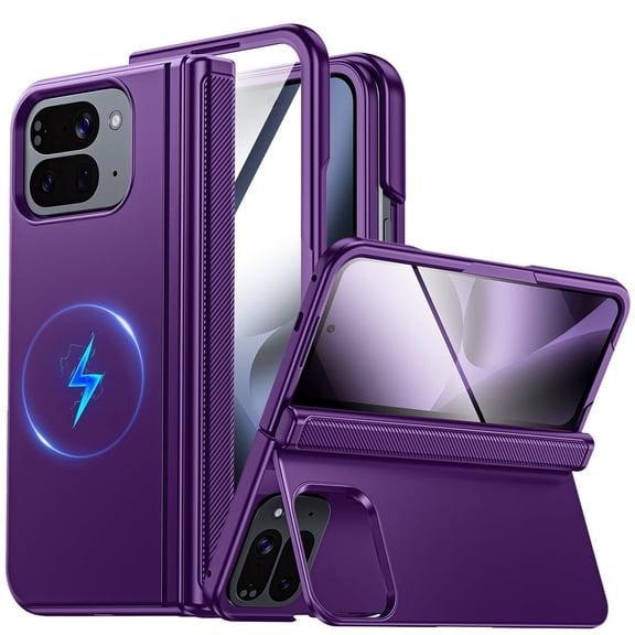 Vizvera for Google Pixel 10 Pro Fold Case with Kickstand,Screen Protector,Wireless Charging,Slim Shockproof,Hinge Protection Phone Case-Purple