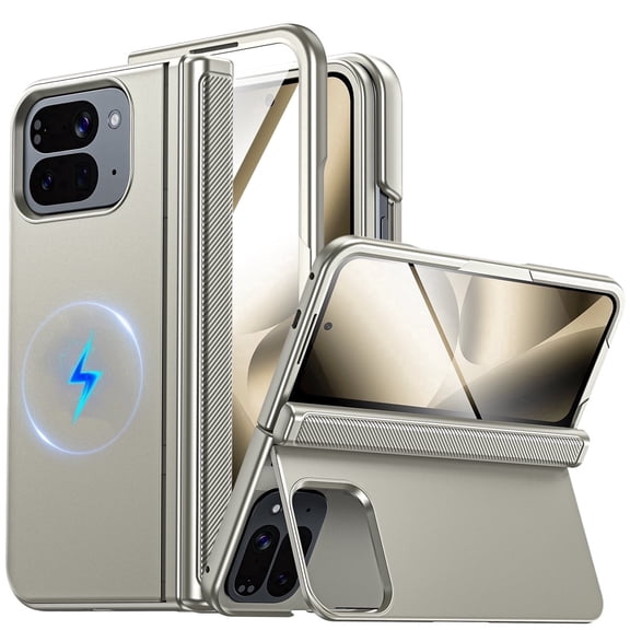 Vizvera for Google Pixel 10 Pro Fold Case with Kickstand,Screen Protector,Wireless Charging,Slim Shockproof,Hinge Protection Phone Case-Titanium