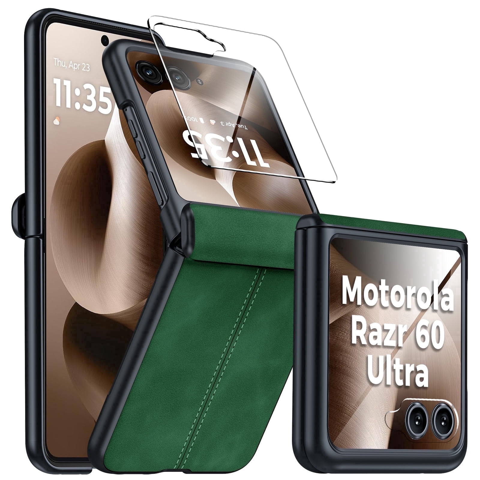 Vizvera for Motorola Razr 2026/2025 Ultra Phone Case,with Screen Protector&Wireless Charging&Ultra Thin PU Leather Matte PC Shockproof Case-Green
