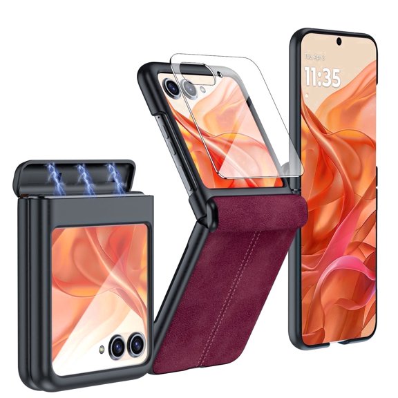 Vizvera for Motorola Razr 2026/Razr 2025/Razr 2024 Phone Case,with Screen Protector & Wireless Charging & Ultra Thin PU Leather Case-Rose Red