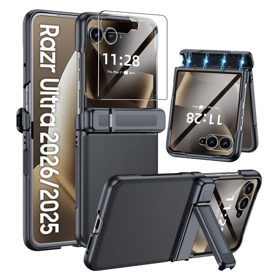 Vizvera for Motorola Razr 2026/2025 Ultra Phone Case,with Kickstand & Ultra Thin PU Leather Matte PC Shockproof Case-Black
